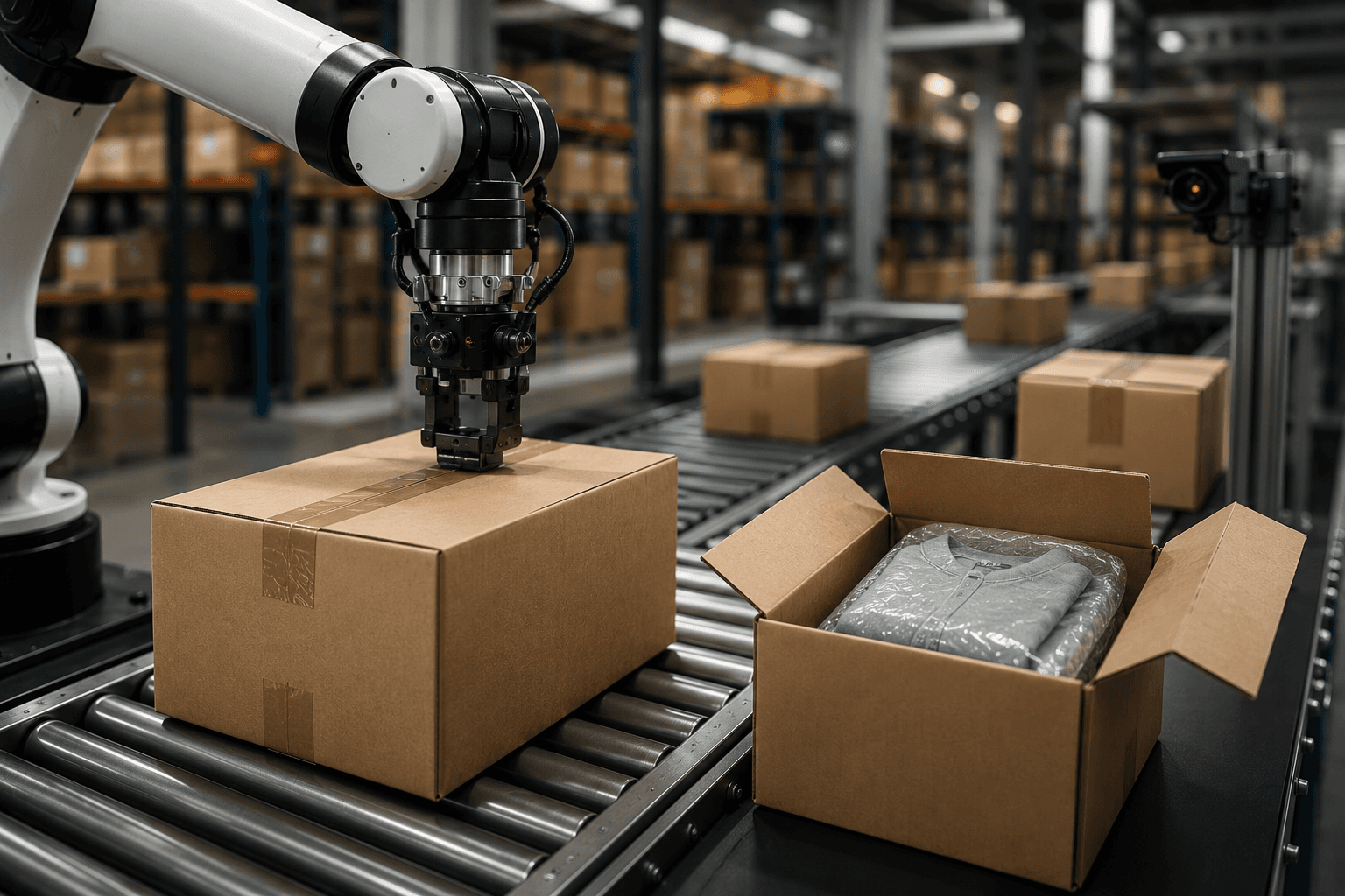 Automated packing station with scanning and dimensioning equipment in a warehouse