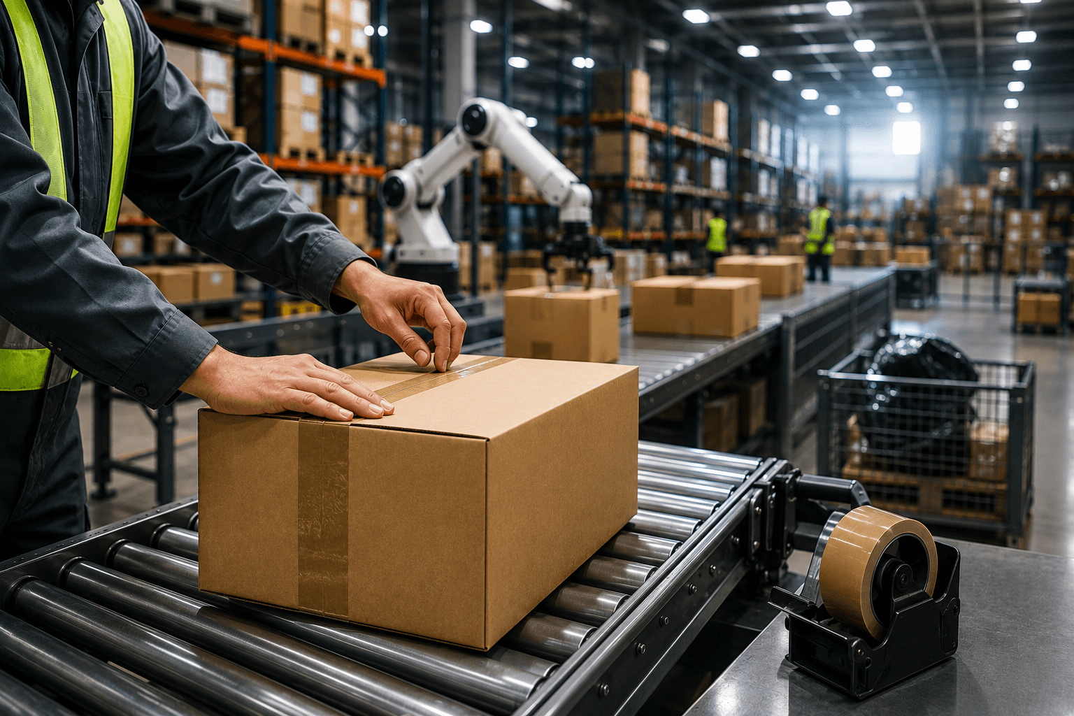 Warehouse worker verifying packed shipment against compliance checklist