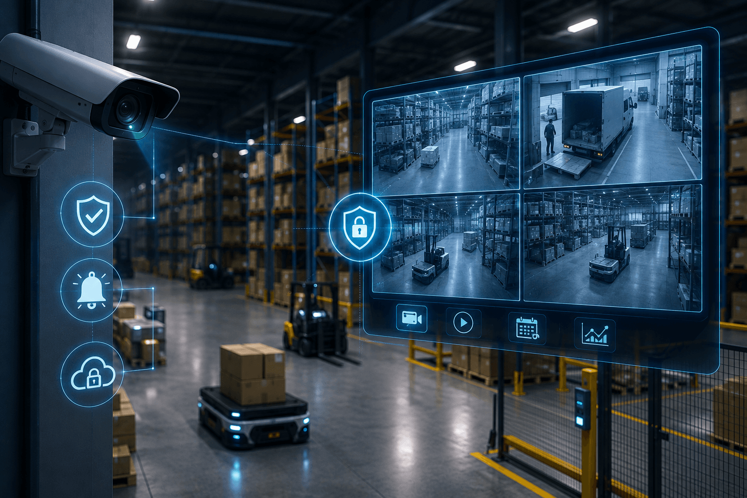 Security camera footage displayed on multiple monitors in a warehouse control room