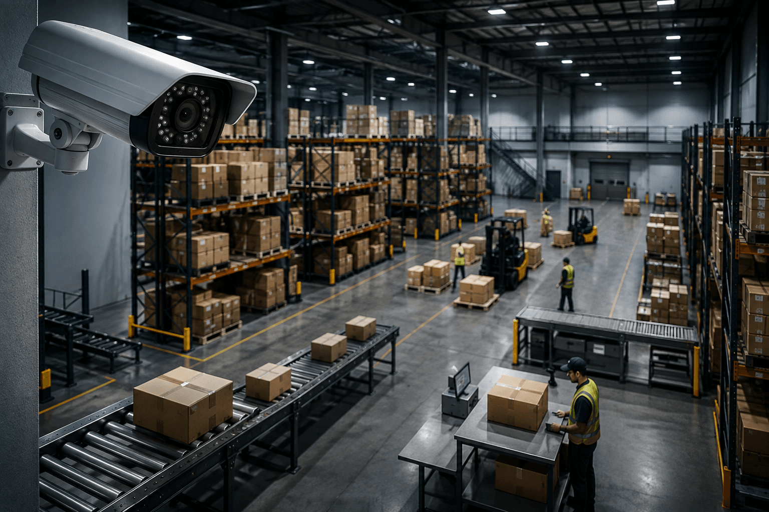 Surveillance camera monitoring warehouse packing and dispatch zones